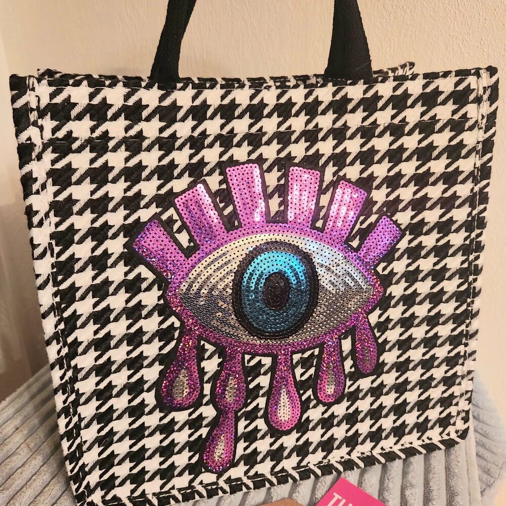 Custom Houndstooth Plaid Handbag with Pink Evil Eye Sequin Embroidery